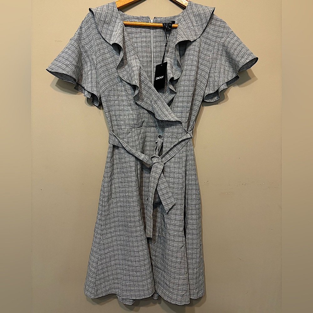 DKNY Gray Ruffled Wrap Midi Dress